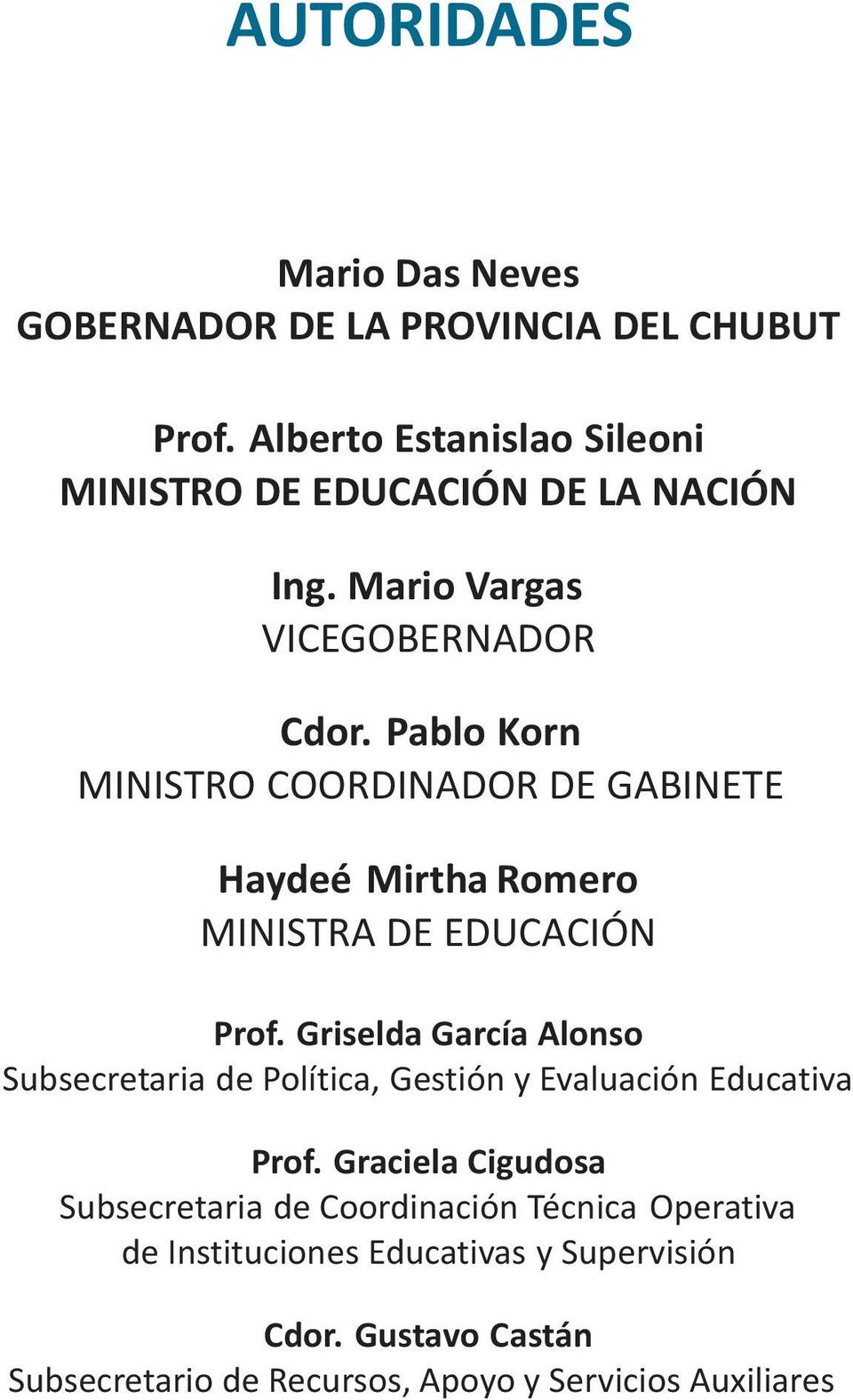 Pablo Korn MINISTRO COORDINADOR DE GABINETE Haydeé Mirtha Romero MINISTRA DE EDUCACIÓN Prof.