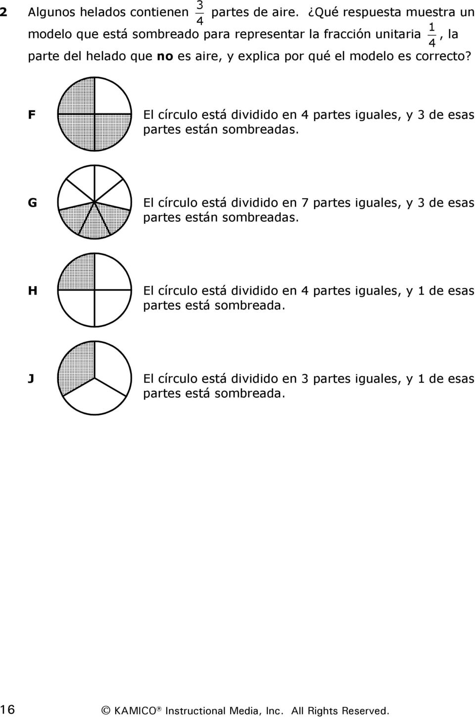 modelo es correcto? F El círculo está dividido en 4 partes iguales, y 3 de esas partes están sombreadas.