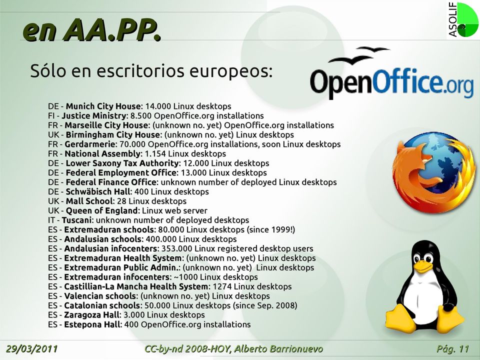 yet) Linux desktops FR - Gerdarmerie: Gerdarmerie: 70.000 OpenOffice.org installations, soon Linux desktops FR - National Assembly: Assembly: 1.