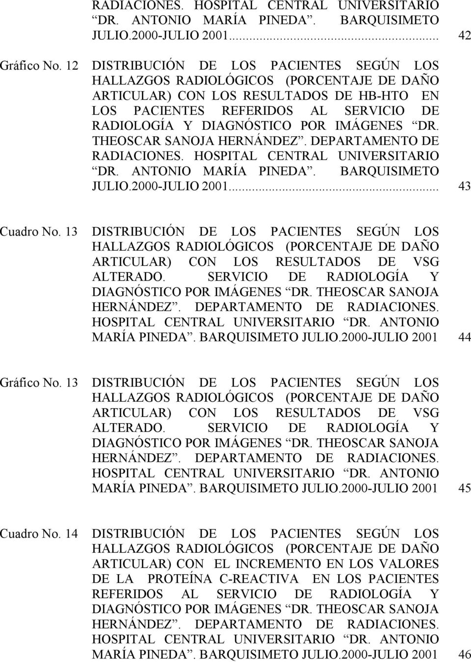 IMÁGENES DR. THEOSCAR SANOJA HERNÁNDEZ. DEPARTAMENTO DE RADIACIONES. HOSPITAL CENTRAL UNIVERSITARIO DR. ANTONIO MARÍA PINEDA. BARQUISIMETO JULIO.2000-JULIO 2001... 43 Cuadro No.