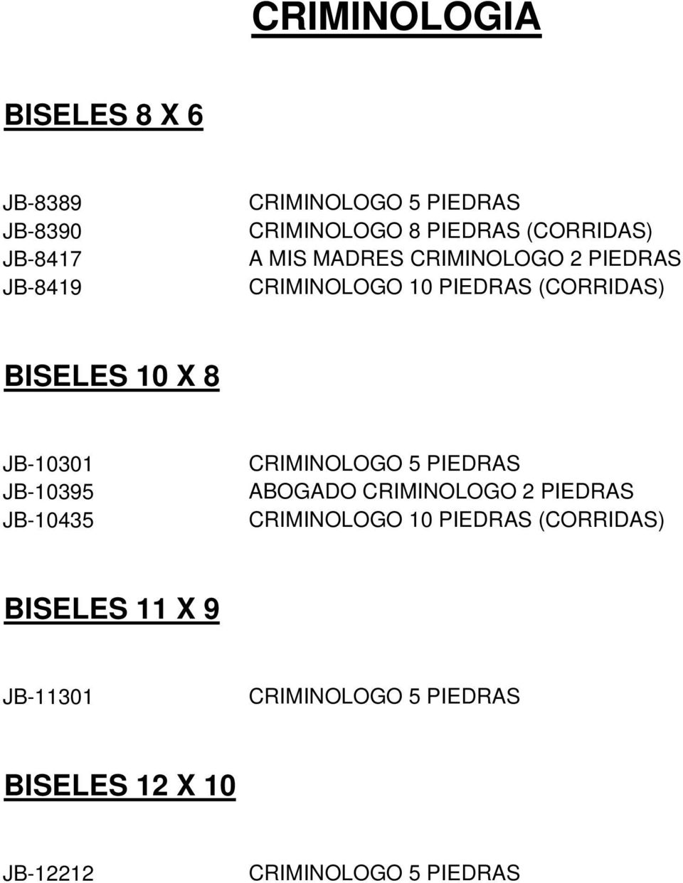(CORRIDAS) JB-10301 JB-10395 JB-10435 CRIMINOLOGO 5 PIEDRAS ABOGADO CRIMINOLOGO 2