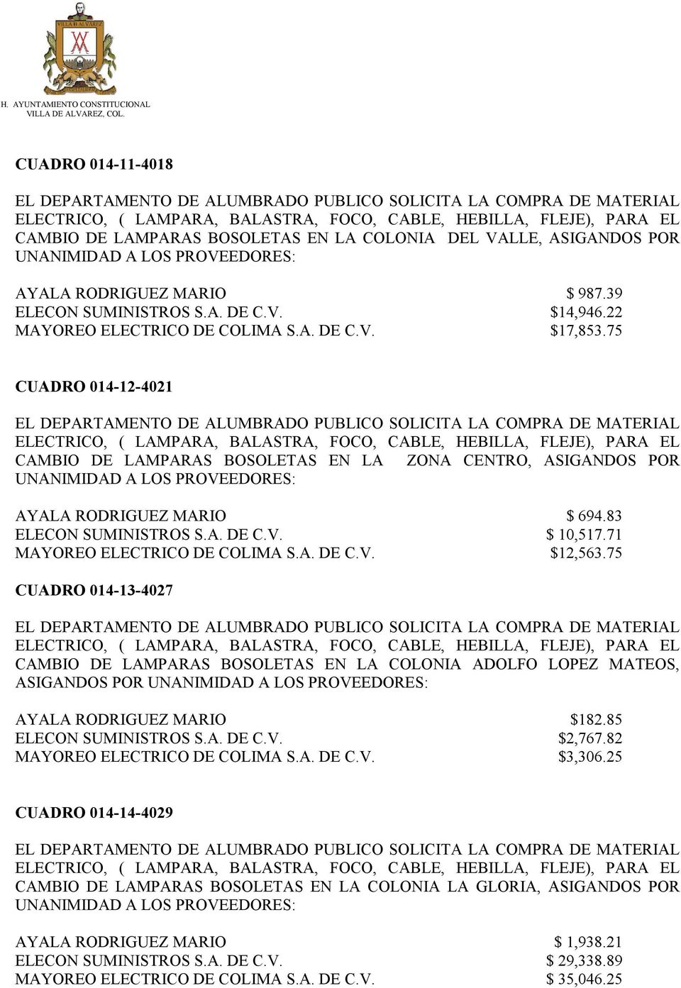 75 CUADRO 014-13-4027 CAMBIO DE LAMPARAS BOSOLETAS EN LA COLONIA ADOLFO LOPEZ MATEOS, ASIGANDOS POR AYALA RODRIGUEZ MARIO $182.85 ELECON SUMINISTROS S.A. DE C.V. $2,767.