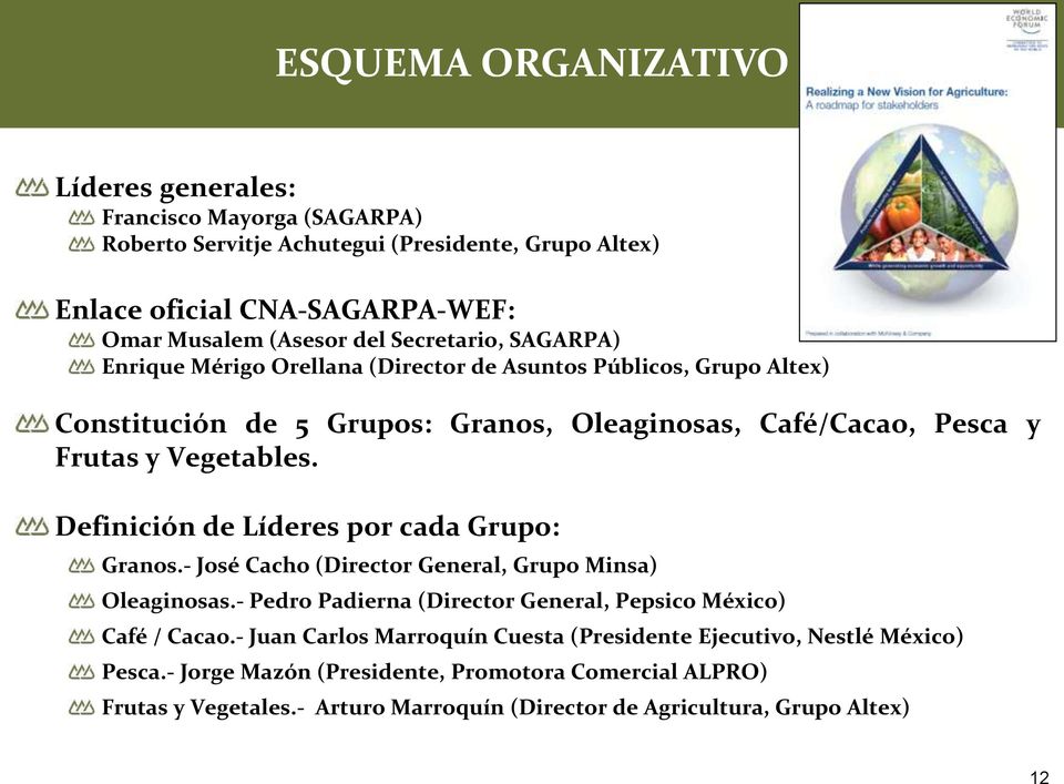 Definición de Líderes por cada Grupo: Granos.- José Cacho (Director General, Grupo Minsa) Oleaginosas.- Pedro Padierna (Director General, Pepsico México) Café / Cacao.