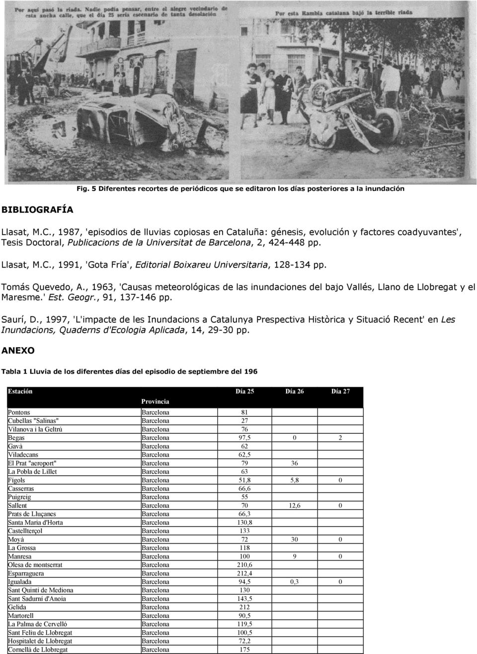Tomás Quevedo, A., 1963, 'Causas meteorológicas de las inundaciones del bajo Vallés, Llano de Llobregat y el Maresme.' Est. Geogr., 91, 137-146 pp. Saurí, D.