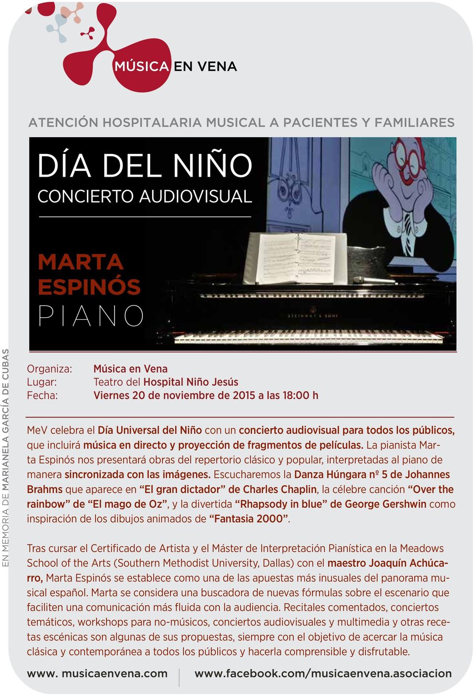 La pianista Marta Espinós nos presentará obras del repertorio clásico y popular, interpretadas al piano de manera sincronizada con las imágenes.