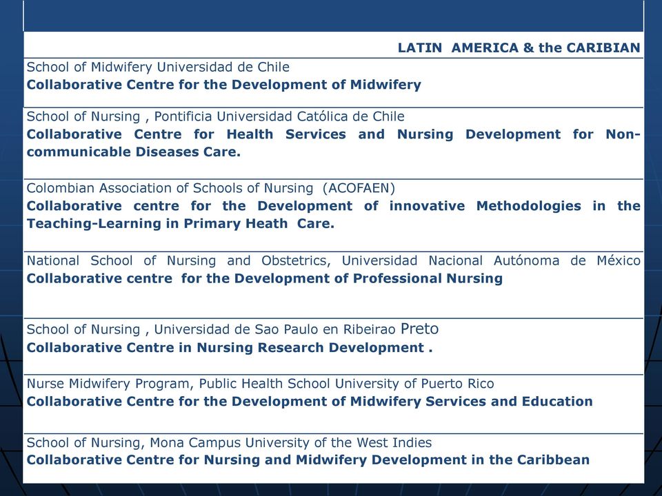 Colombian Association of Schools of Nursing (ACOFAEN) Collaborative centre for the Development of innovative Methodologies in the Teaching-Learning in Primary Heath Care.