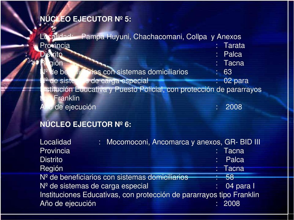 ejecución : 2008 NÚCLEO EJECUTOR Nº 6: Localidad : Mocomoconi, Ancomarca y anexos, GR- BID III Provincia : Tacna Distrito : Palca Región : Tacna Nº de