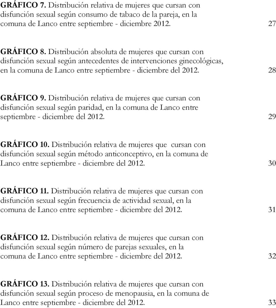 Distribución relativa de mujeres que cursan con disfunción sexual según paridad, en la comuna de Lanco entre septiembre - diciembre del 2012. 29 GRÁFICO 10.