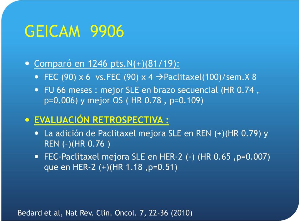 109) EVALUACIÓN RETROSPECTIVA : La adición de Paclitaxel mejora SLE en REN (+)(HR 0.79) y REN (-)(HR 0.