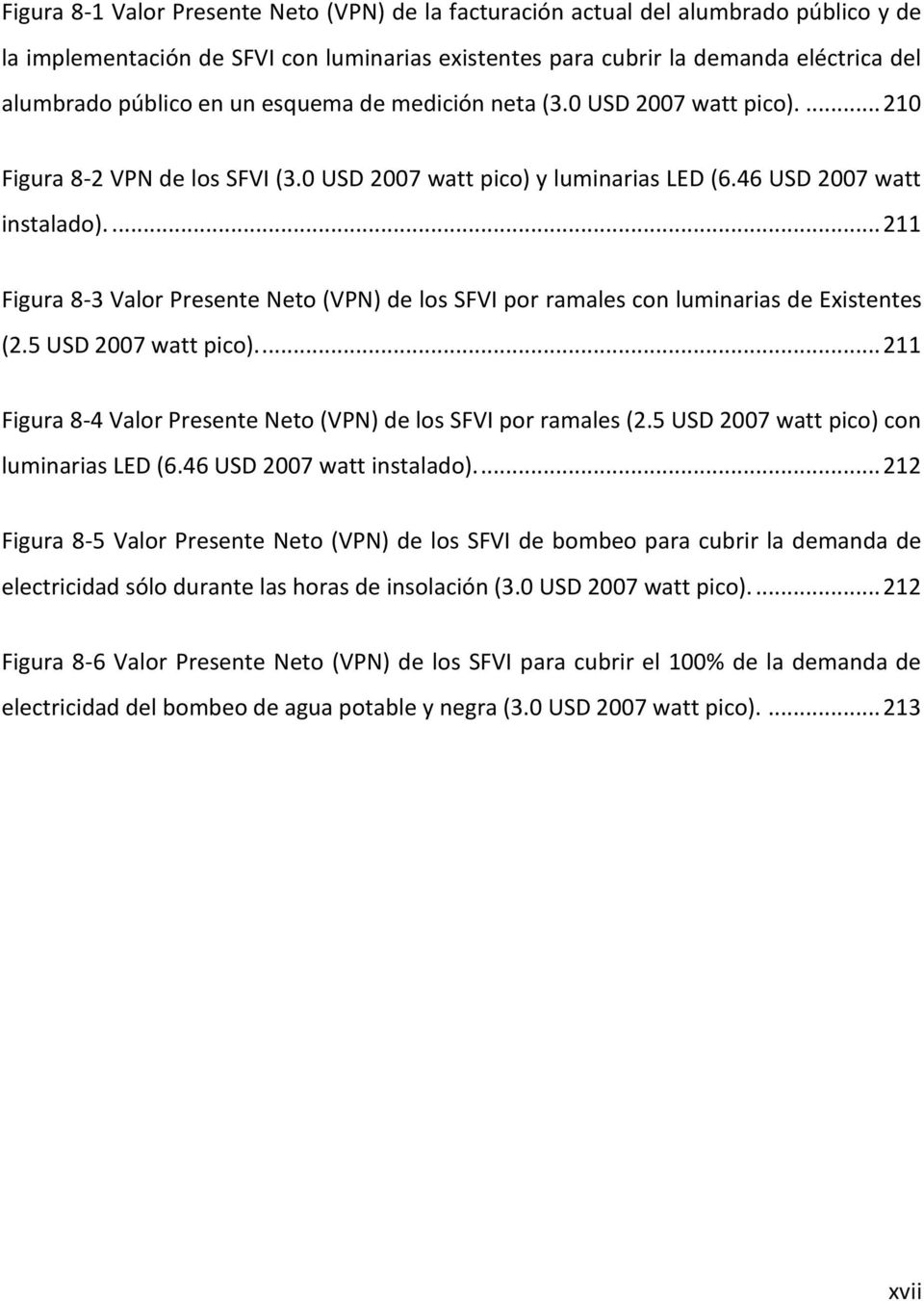 ... 211 Figura 8-3 Valor Presente Neto (VPN) de los SFVI por ramales con luminarias de Existentes (2.5 USD 2007 watt pico).... 211 Figura 8-4 Valor Presente Neto (VPN) de los SFVI por ramales (2.