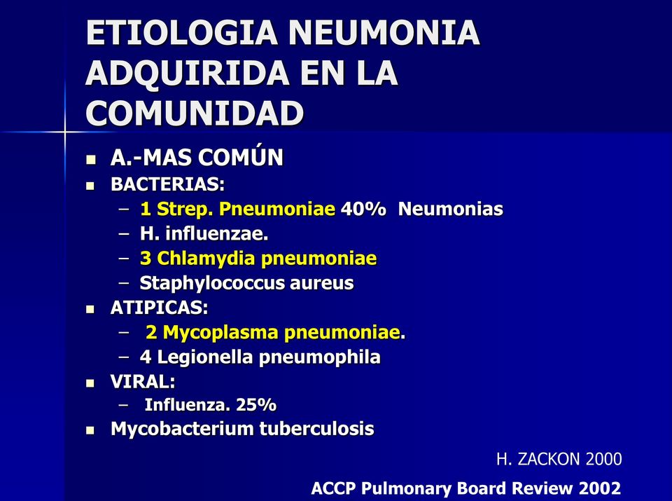 3 Chlamydia pneumoniae Staphylococcus aureus ATIPICAS: 2 Mycoplasma pneumoniae.