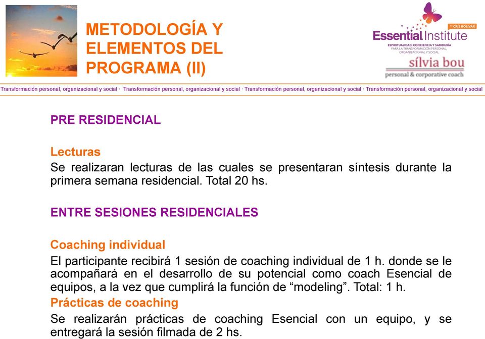 ENTRE SESIONES RESIDENCIALES Coaching individual El participante recibirá 1 sesión de coaching individual de 1 h.