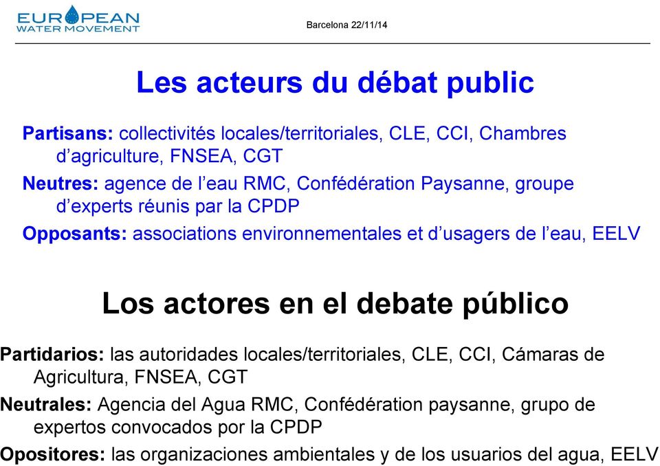 actores en el debate público Partidarios: las autoridades locales/territoriales, CLE, CCI, Cámaras de Agricultura, FNSEA, CGT Neutrales: Agencia