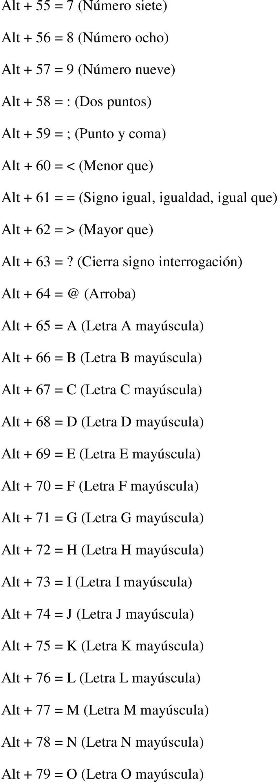 (Cierra signo interrogación) Alt + 64 = @ (Arroba) Alt + 65 = A (Letra A mayúscula) Alt + 66 = B (Letra B mayúscula) Alt + 67 = C (Letra C mayúscula) Alt + 68 = D (Letra D mayúscula) Alt + 69 = E