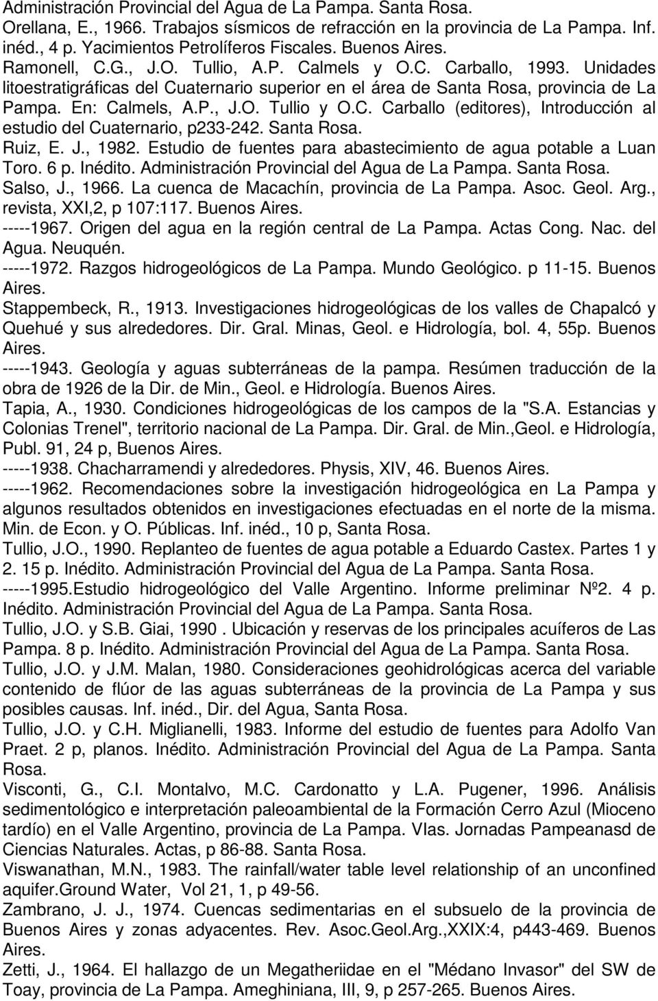 C. Carballo (editores), Introducción al estudio del Cuaternario, p233-242. Santa Rosa. Ruiz, E. J., 1982. Estudio de fuentes para abastecimiento de agua potable a Luan Toro. 6 p. Inédito.