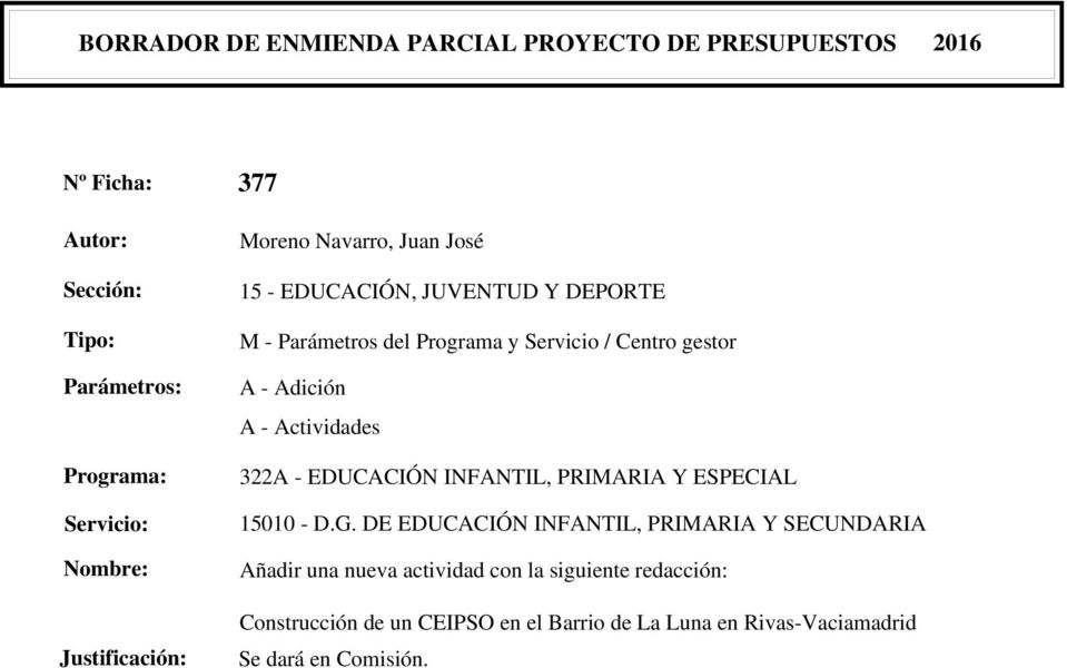 - Adición A - Actividades 322A - EDUCACIÓN INFANTIL, PRIMARIA Y ESPECIAL 15010 - D.G.