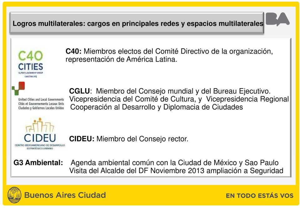 Vicepresidencia del Comité de Cultura, y Vicepresidencia Regional Cooperación al Desarrollo y Diplomacia de Ciudades CIDEU: