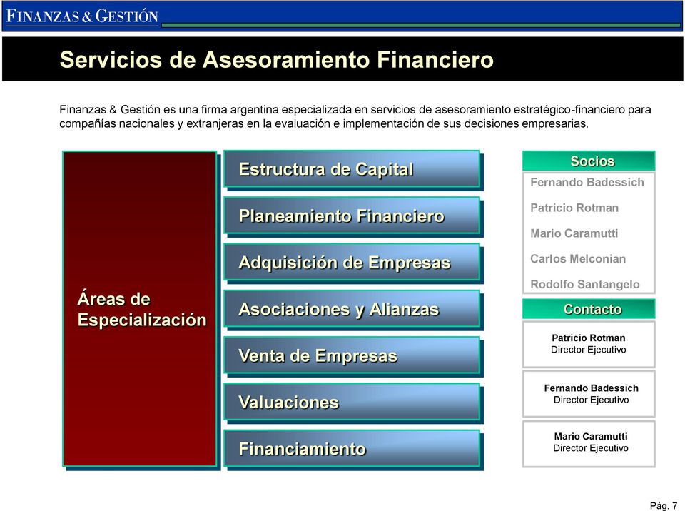 Áreas de Especialización Estructura de Capital Planeamiento Financiero Adquisición de Empresas Asociaciones y Alianzas Venta de Empresas Valuaciones