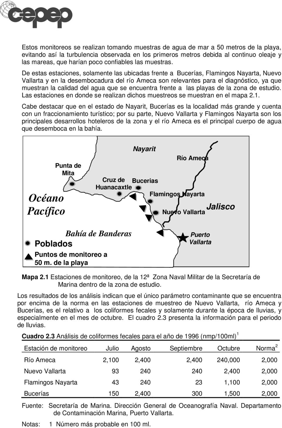 De estas estaciones, solamente las ubicadas frente a Bucerías, Flamingos Nayarta, Nuevo Vallarta y en la desembocadura del río Ameca son relevantes para el diagnóstico, ya que muestran la calidad del