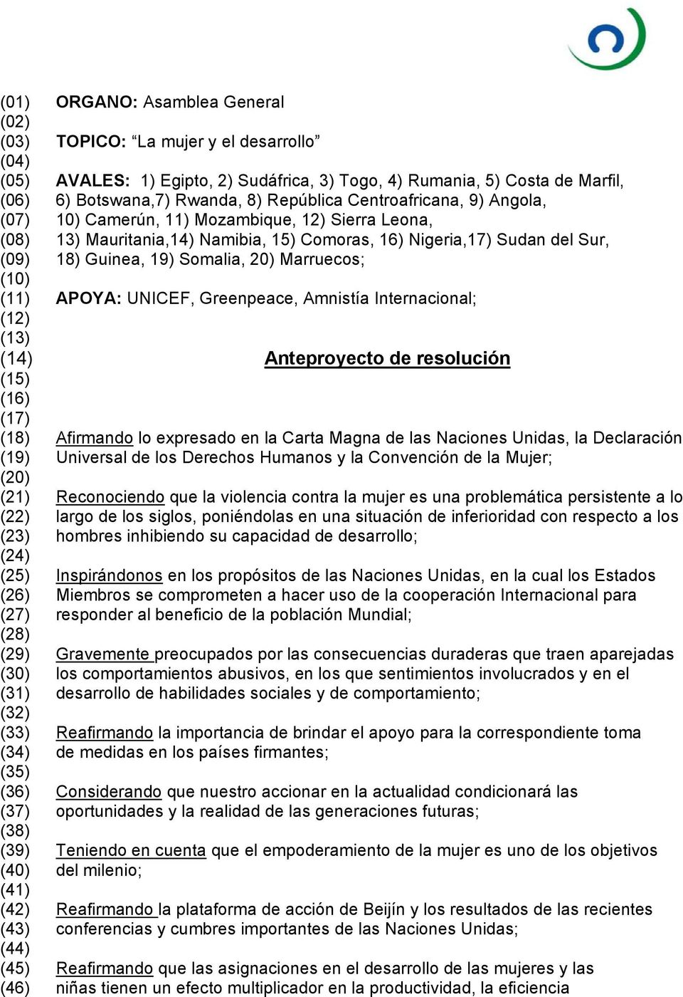 Marruecos; (10) (11) APOYA: UNICEF, Greenpeace, Amnistía Internacional; (12) (13) (14) Anteproyecto de resolución (15) (16) (17) (18) Afirmando lo expresado en la Carta Magna de las Naciones Unidas,