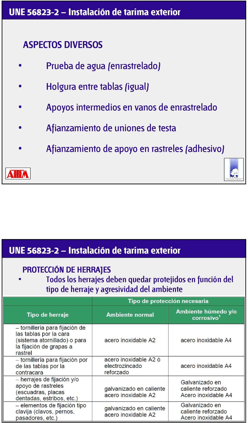 Afianzamiento de apoyo en rastreles (adhesivo) UNE 56823-2 Instalación de tarima exterior PROTECCIÓN