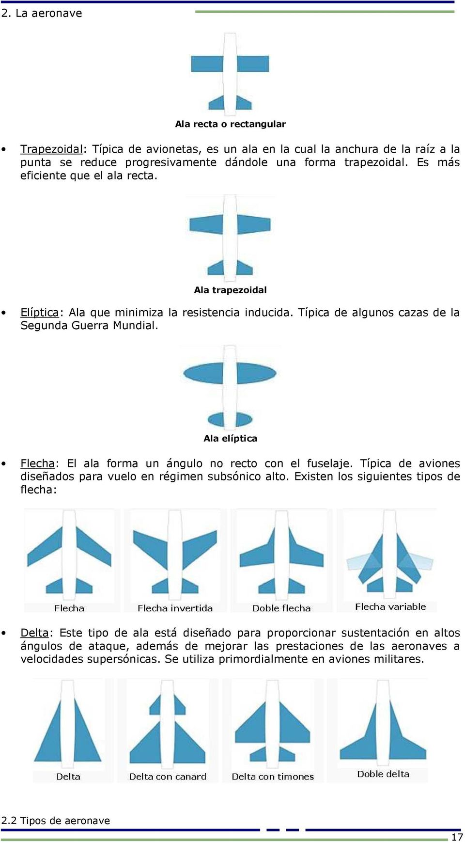 Ala elíptica Flecha: El ala forma un ángulo no recto con el fuselaje. Típica de aviones diseñados para vuelo en régimen subsónico alto.
