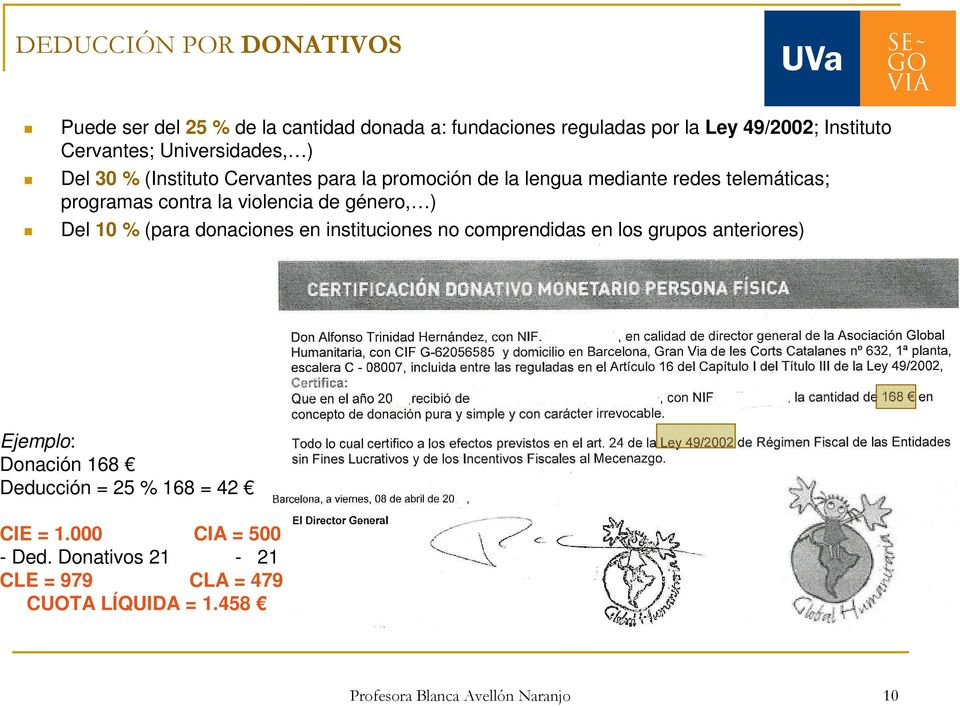 violencia de género, ) Del 10 % (para donaciones en instituciones no comprendidas en los grupos anteriores) Ejemplo: Donación 168