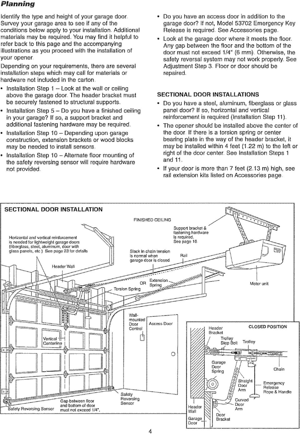 may calf for materials or hardware not included in the carton, Installation Step I - Look at the wall or ceiling above the garage door, The header bracket must be securely fastened to structural