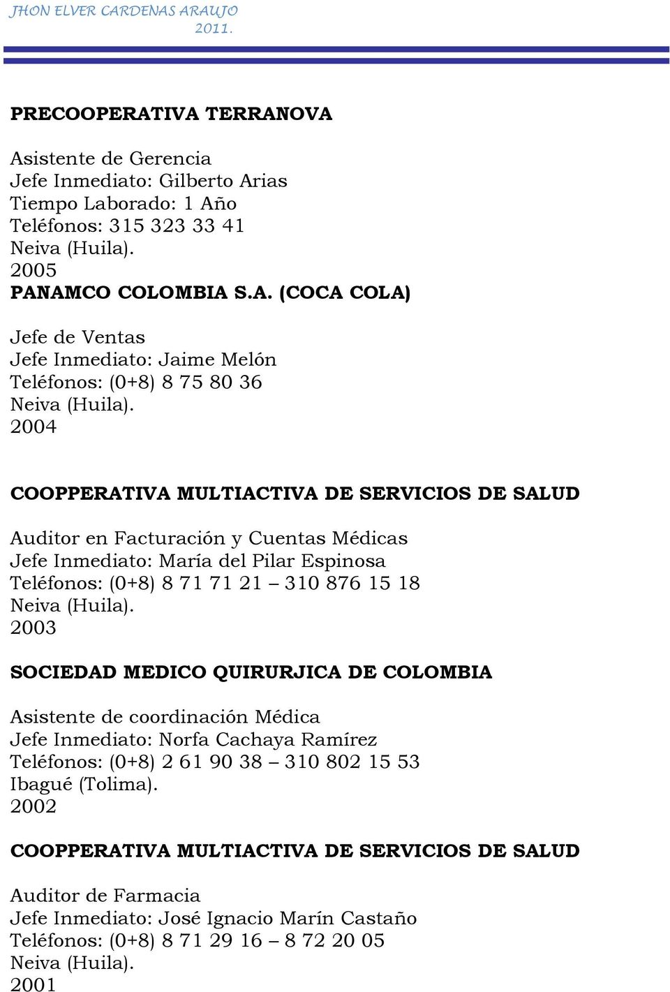 2003 SOCIEDAD MEDICO QUIRURJICA DE COLOMBIA Asistente de coordinación Médica Jefe Inmediato: Norfa Cachaya Ramírez Teléfonos: (0+8) 2 61 90 38 310 802 15 53 Ibagué (Tolima).