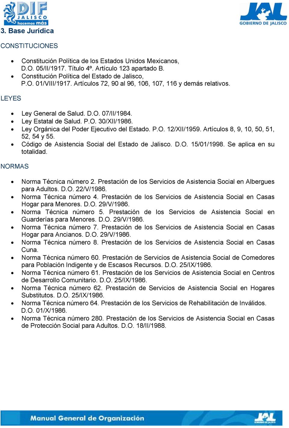 Artículos 8, 9, 10, 50, 51, 52, 54 y 55. Código de Asistencia Social del Estado de Jalisco. D.O. 15/01/1998. Se aplica en su totalidad. NORMAS Norma Técnica número 2.