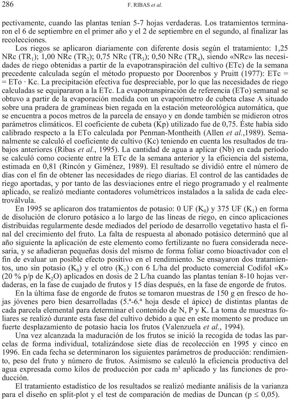 evpotrnspirción del cultivo (ETc) de l semn precedente clculd según el método propuesto por Doorenos y Pruitt (1977): ETc = = ETo Kc.