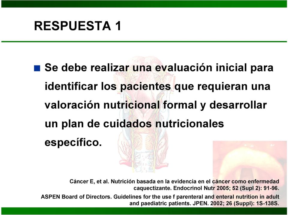 Nutrición basada en la evidencia en el cáncer como enfermedad caquectizante. Endocrinol Nutr 2005; 52 (Supl 2): 91-96.