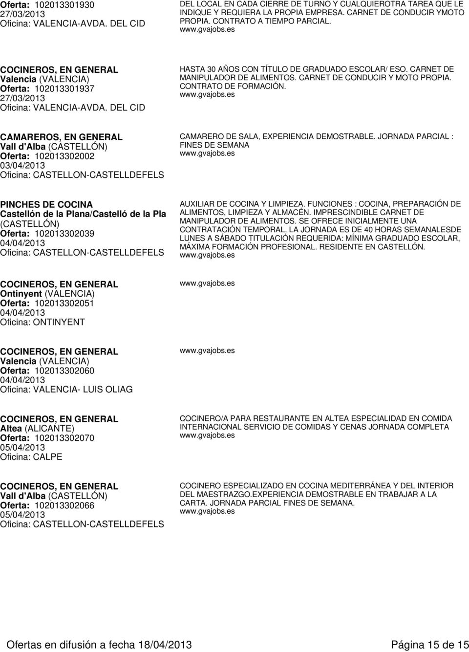CARNET DE CONDUCIR Y MOTO PROPIA. CONTRATO DE FORMACIÓN. CAMAREROS, EN Vall d'alba Oferta: 102013302002 03/04/2013 CAMARERO DE SALA, EXPERIENCIA DEMOSTRABLE.