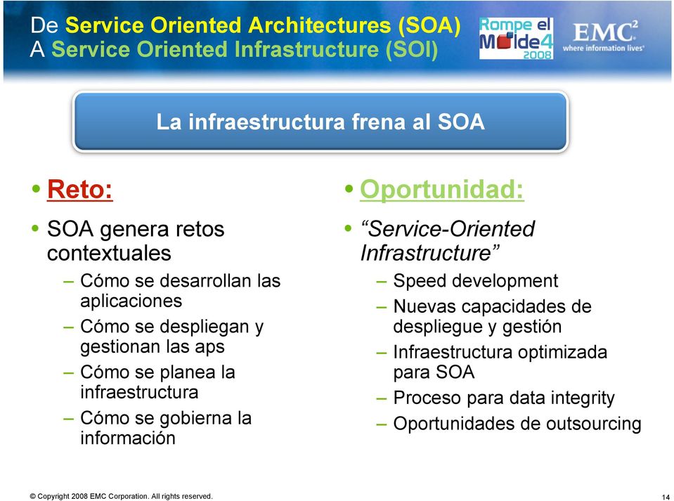 infraestructura Cómo se gobierna la información Oportunidad: Service-Oriented Infrastructure Speed development Nuevas