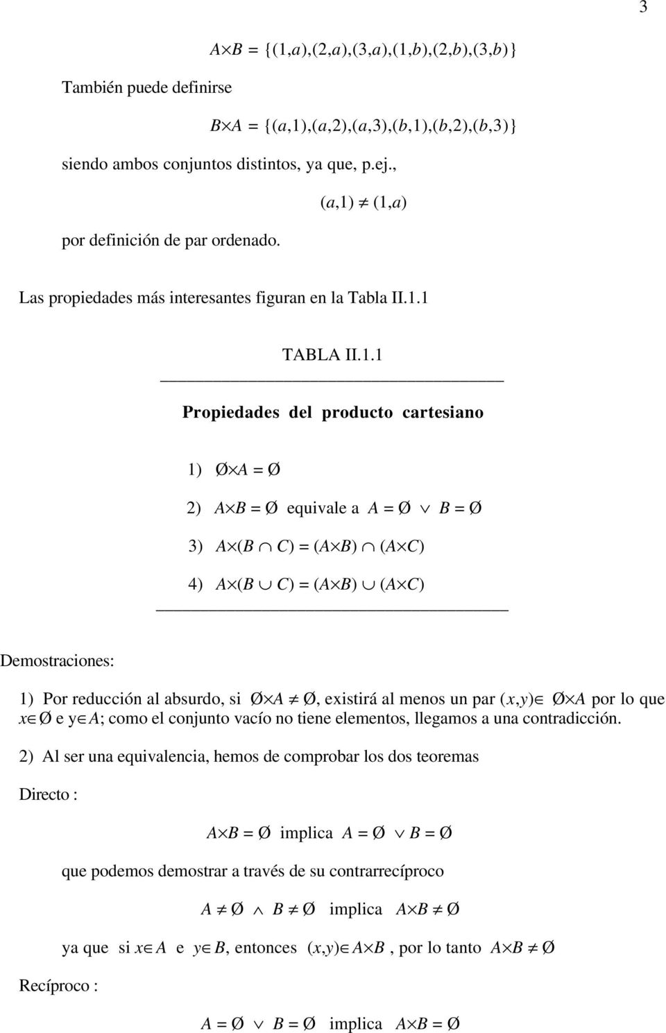 (1,a) por definición de par ordenado. Las propiedades más interesantes figuran en la Tabla II.1.1 TABLA II.1.1 Propiedades del producto cartesiano 1) Ø A = Ø 2) A B = Ø equivale a A = Ø B = Ø 3) A (B