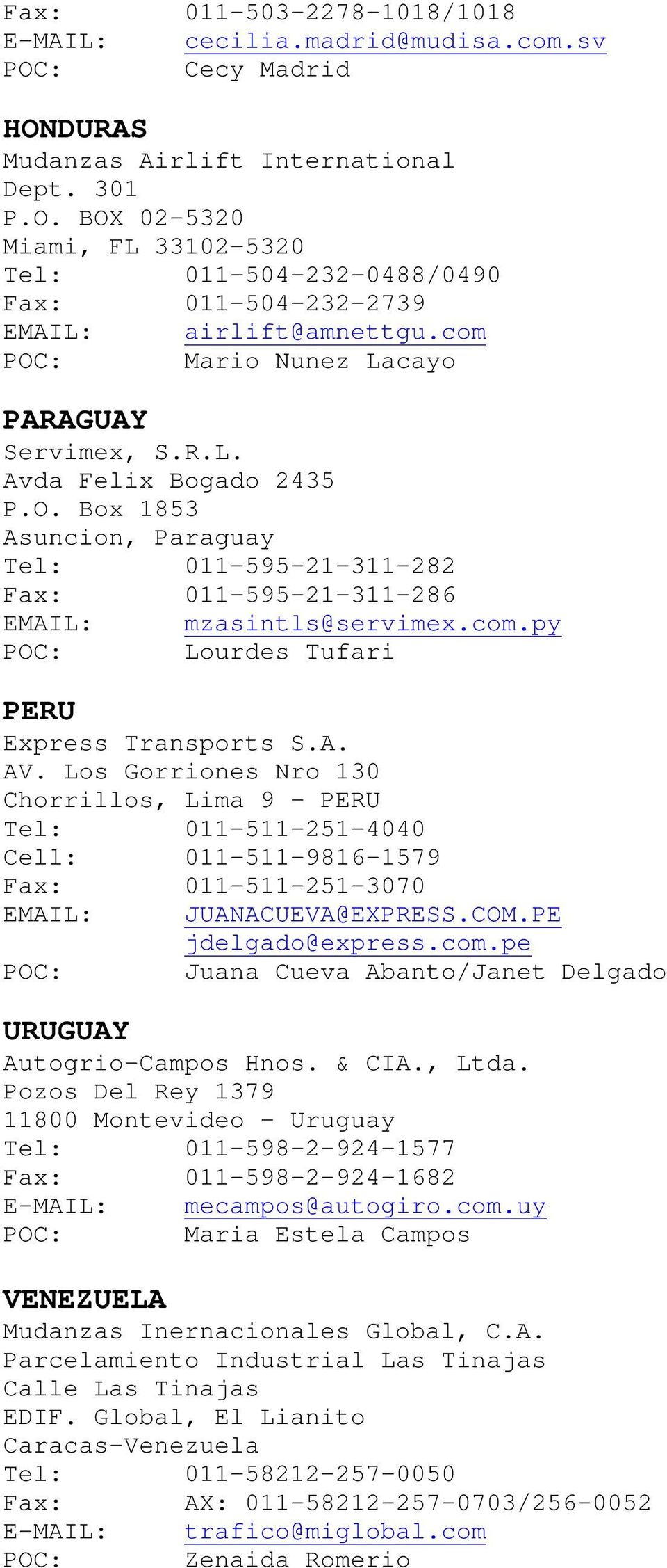 A. AV. Los Gorriones Nro 130 Chorrillos, Lima 9 - PERU Tel: 011-511-251-4040 Cell: 011-511-9816-1579 Fax: 011-511-251-3070 EMAIL: JUANACUEVA@EXPRESS.COM.PE jdelgado@express.com.