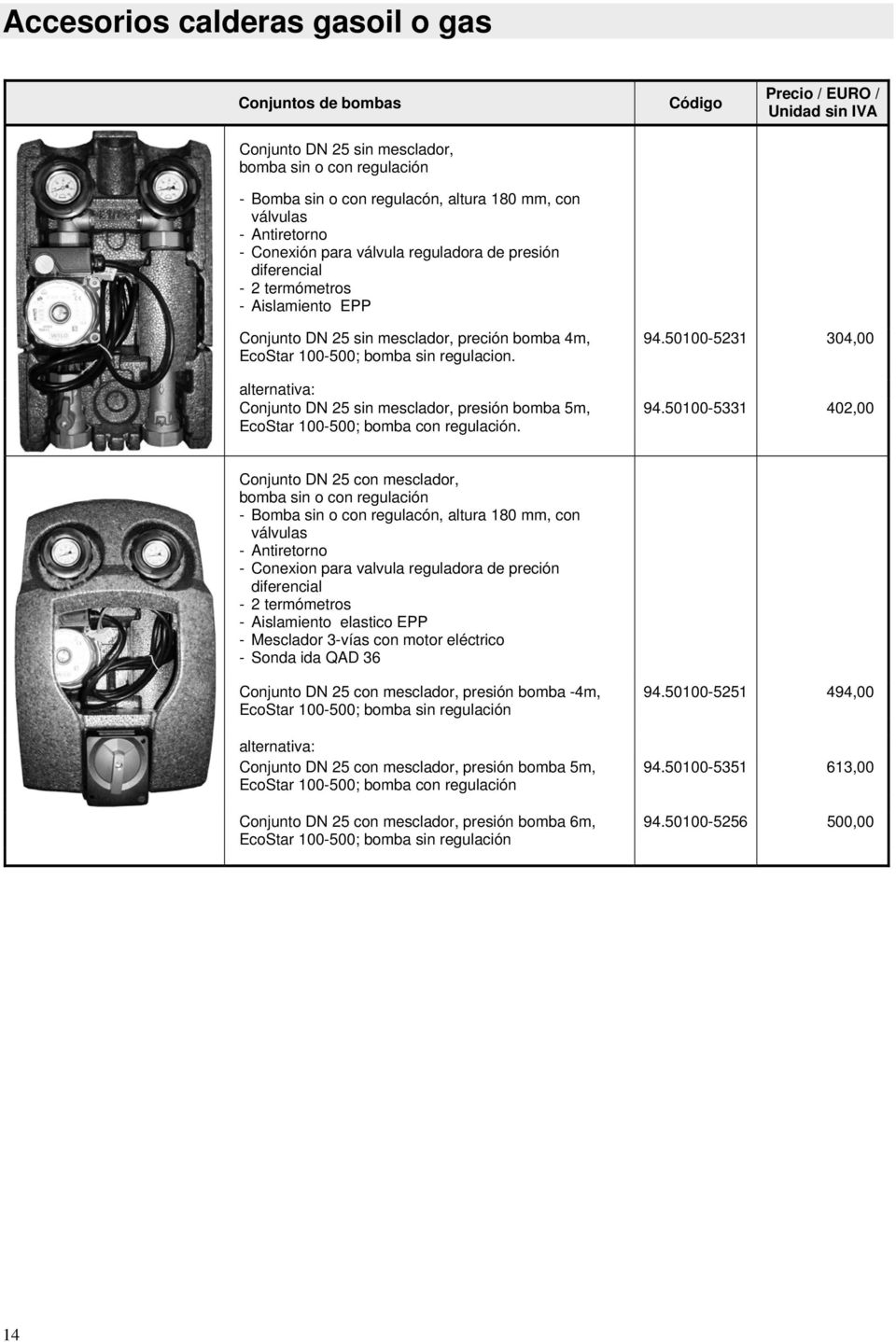 alternativa: Conjunto DN 25 sin mesclador, presión bomba 5m, EcoStar 100-500; bomba con regulación. 94.50100-5231 304,00 94.