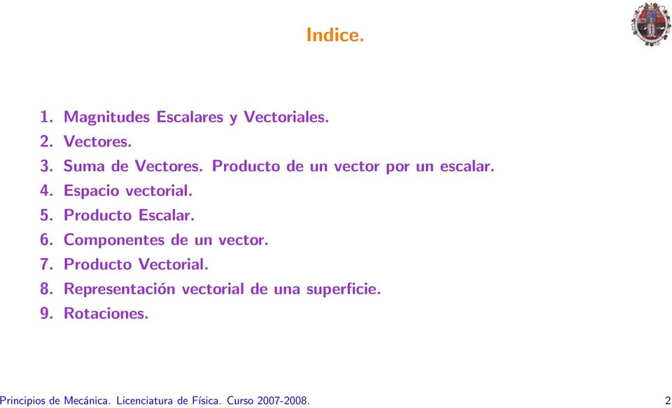 Componentes de un vector. 7. Producto Vectorial. 8.