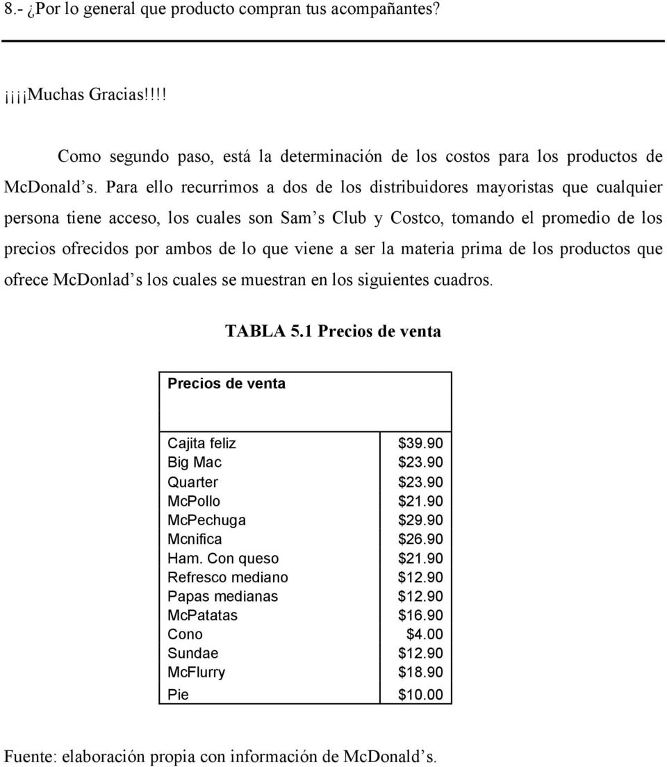 viene a ser la materia prima de los productos que ofrece McDonlad s los cuales se muestran en los siguientes cuadros. TABLA 5.1 Precios de venta Precios de venta Cajita feliz $39.90 Big Mac $23.