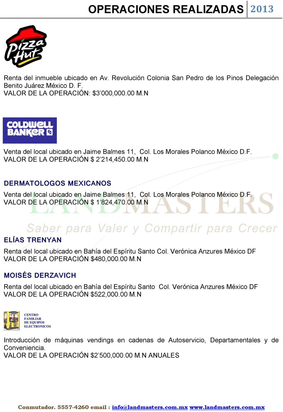 Los Morales Polanco México D.F. VALOR DE LA OPERACIÓN $ 1 824,470.00 M.N ELÍAS TRENYAN Renta del local ubicado en Bahía del Espíritu Santo Col.