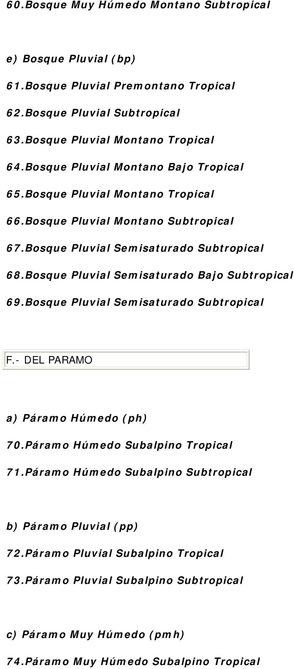Bosque Pluvial Semisaturado Bajo Subtropical 69.Bosque Pluvial Semisaturado Subtropical F.- DEL PARAMO a) Páramo Húmedo (ph) 70.Páramo Húmedo Subalpino Tropical 71.