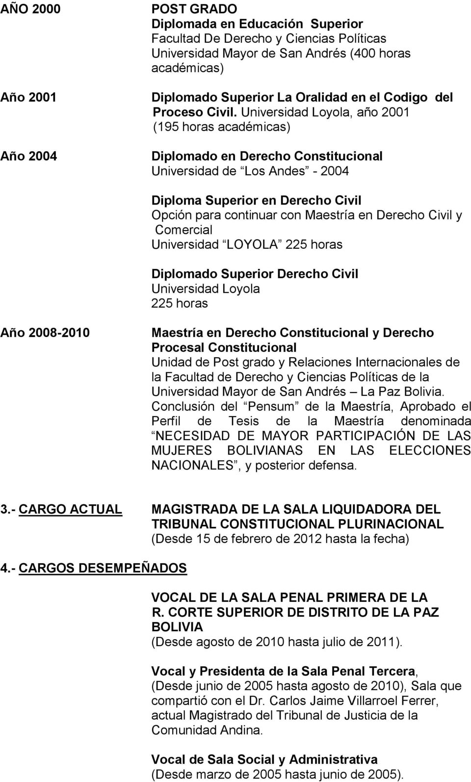 Universidad Loyola, año 2001 (195 horas académicas) Diplomado en Derecho Constitucional Universidad de Los Andes - 2004 Diploma Superior en Derecho Civil Opción para continuar con Maestría en Derecho