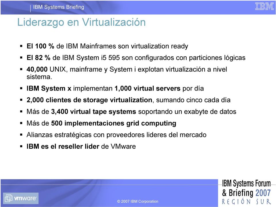 IBM System x implementan 1,000 virtual servers por día 2,000 clientes de storage virtualization, sumando cinco cada día Más de 3,400
