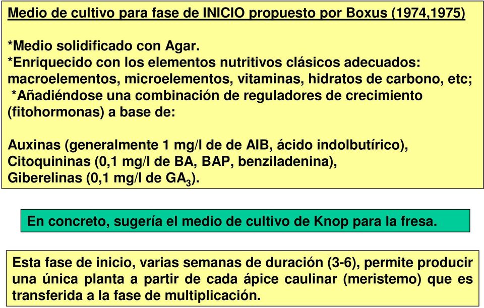 de crecimiento (fitohormonas) a base de: Auxinas (generalmente 1 mg/l de de AIB, ácido indolbutírico), Citoquininas (0,1 mg/l de BA, BAP, benziladenina), Giberelinas (0,1 mg/l