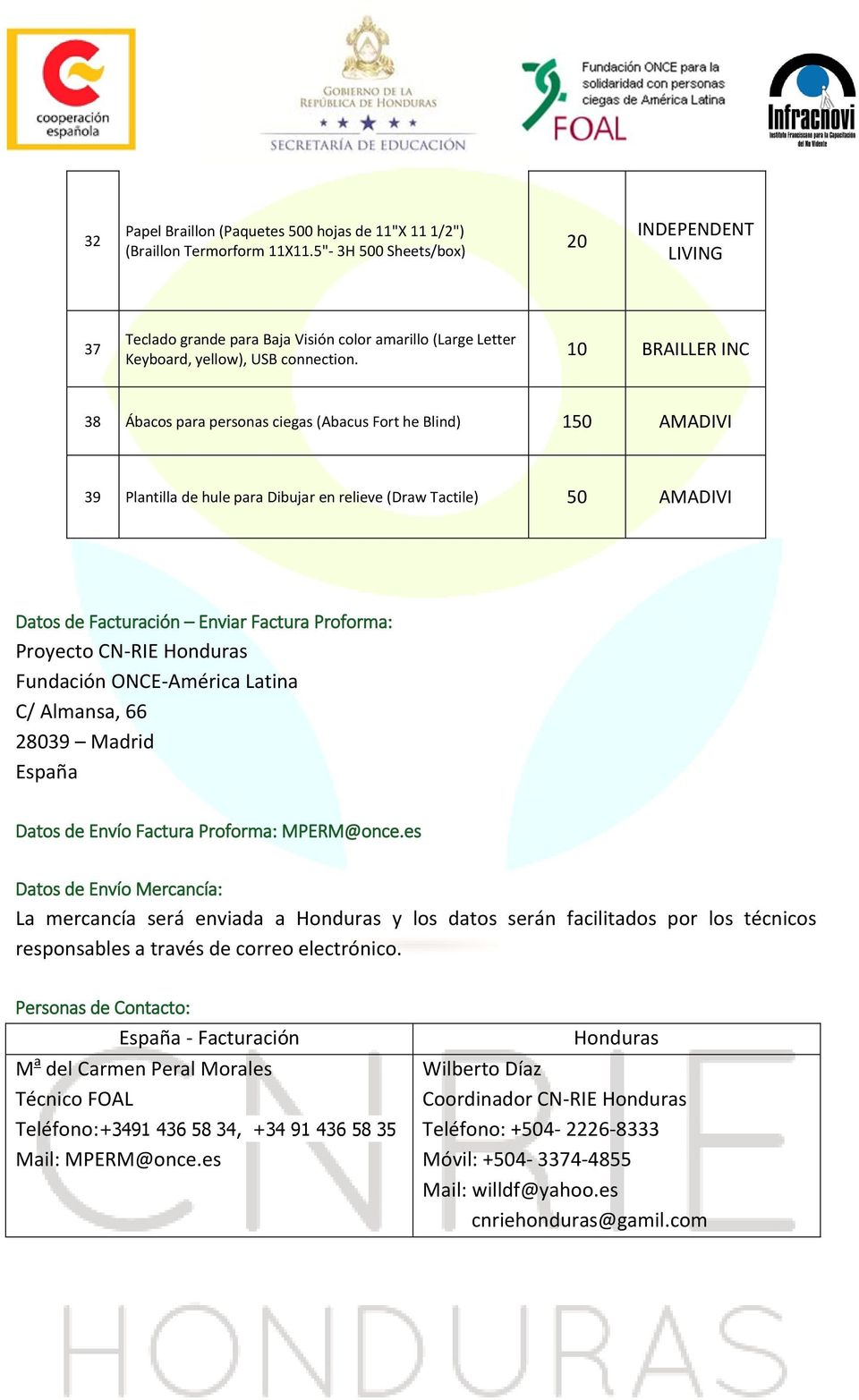 Proyecto CN-RIE Honduras Fundación ONCE-América Latina C/ Almansa, 66 239 Madrid España Datos de Envío Factura Proforma: MPERM@once.