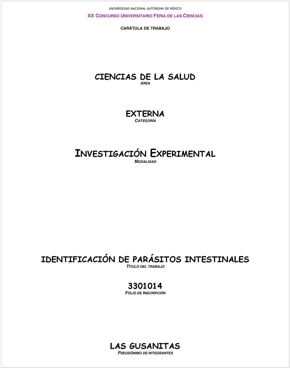 INVESTIGACIÓN EXPERIMENTAL MODALIDAD IDENTIFICACIÓN DE PARÁSITOS INTESTINALES