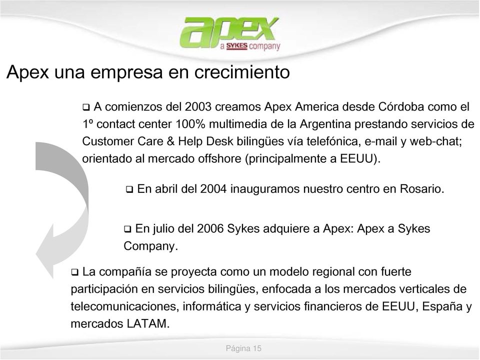 En abril del 2004 inauguramos nuestro centro en Rosario. En julio del 2006 Sykes adquiere a Apex: Apex a Sykes Company.