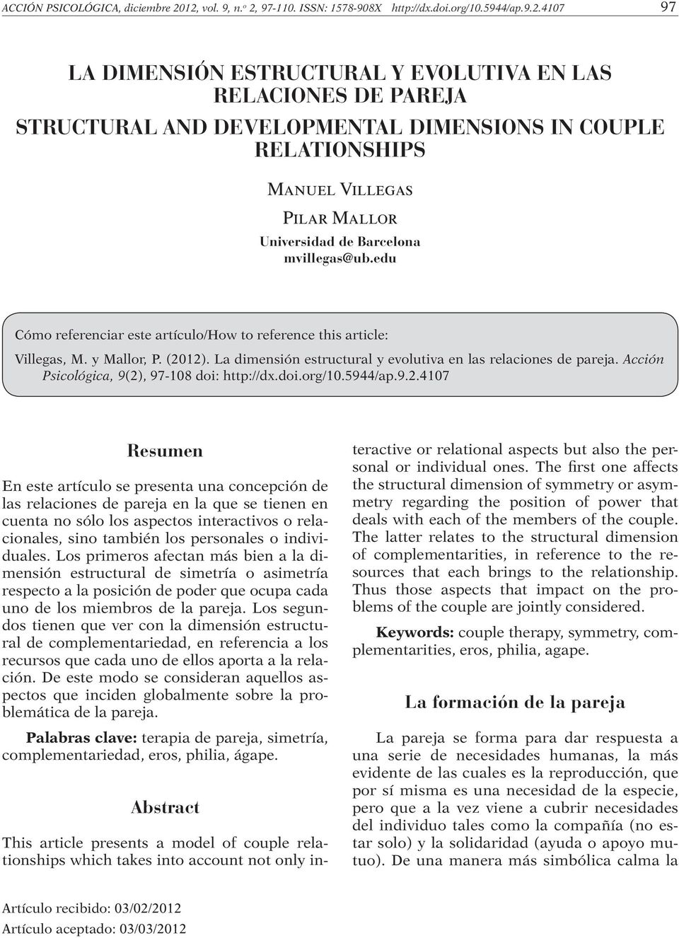 relationships Manuel Villegas Pilar Mallor Universidad de Barcelona mvillegas@ub.edu Cómo referenciar este artículo/how to reference this article: Villegas, M. y Mallor, P. (2012).