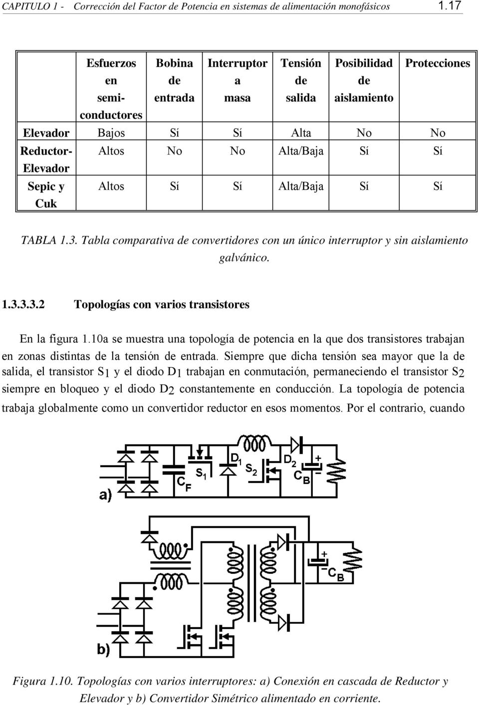 No Alta/Baja Sí Sí Altos Sí Sí Alta/Baja Sí Sí TABLA 1.3. Tabla comparativa de convertidores con un único interruptor y sin aislamiento galvánico. 1.3.3.3.2 Topologías con varios transistores En la figura 1.