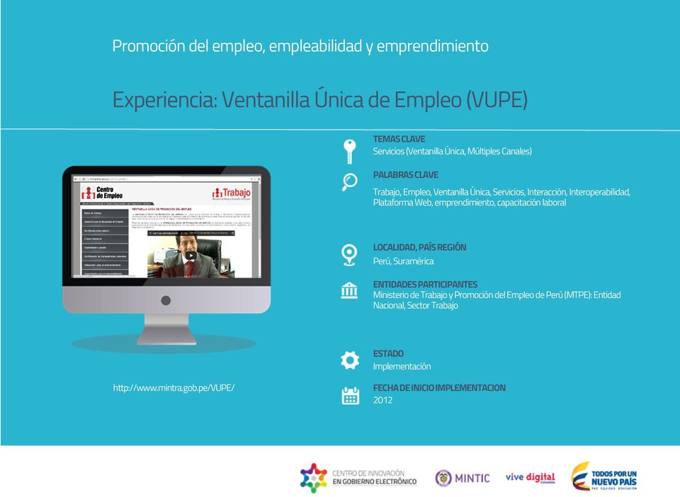 PAÍS REGIÓN Perú, Suramérica ENTIDADES PARTICIPANTES Ministerio de Trabajo y Promoción del Empleo de Perú (MTPE):